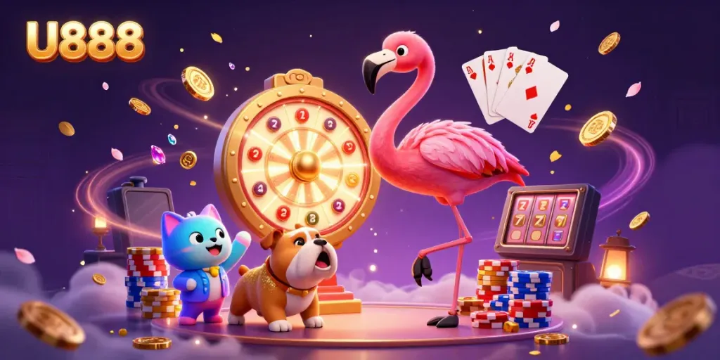 Experience the thrilling U888 gaming world with a flamingo host, bulldog contestant, and sparkling casino prizes.