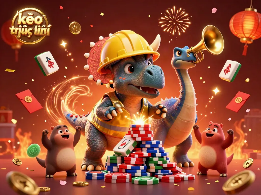 Experience kèo trực tuyến excitement with cheerful dinosaurs building poker chips in a vibrant casino scene.