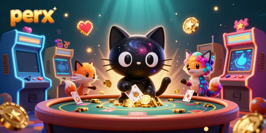 Engage in the cosmic casino experience with perx, where a black hole cat and nebula fox play amidst vibrant game elements.