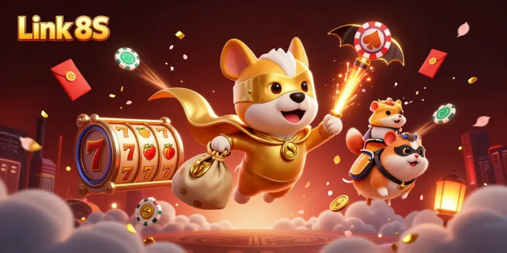 Win big with Link 8S in this thrilling casino-themed scene featuring colorful slot reels.