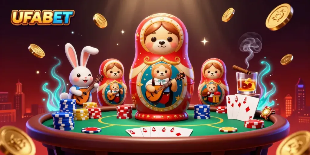 Experience casino excitement with UFABET featuring a vibrant 3D Matryoshka bear illustration revealing dealer bears.
