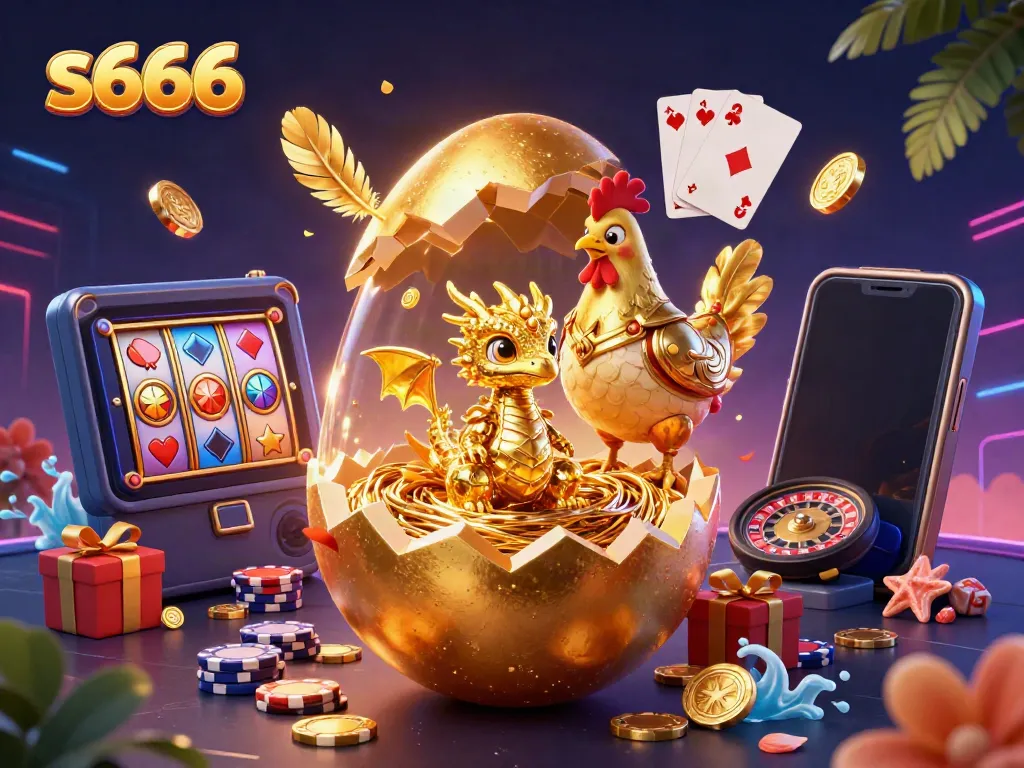 Experience the excitement of s666 with a golden egg dragon, poker chips, and casino games.
