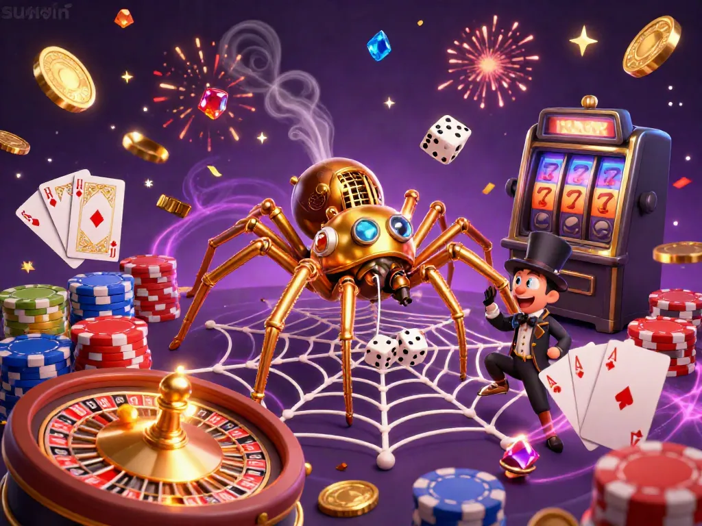 Experience the thrill of sunwin with an enchanting steampunk spider catching dice in a vibrant casino scene.