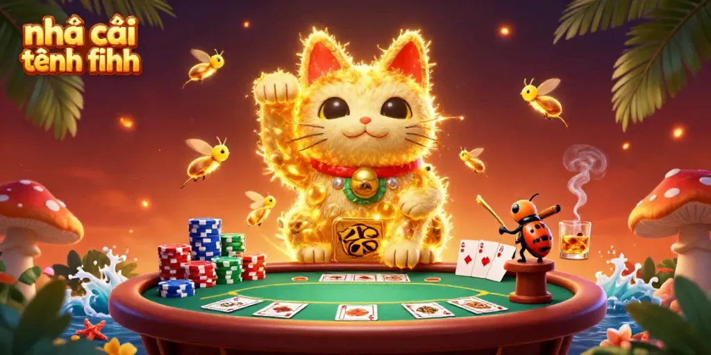 Engage with nhà cái tặng tiền in a vibrant casino illustration featuring a lucky cat and poker elements.