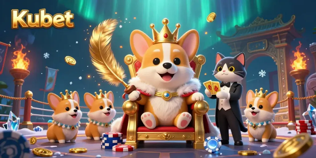 Kubet's royal corgi crowned and surrounded by vibrant game elements in a 3D casino scene.