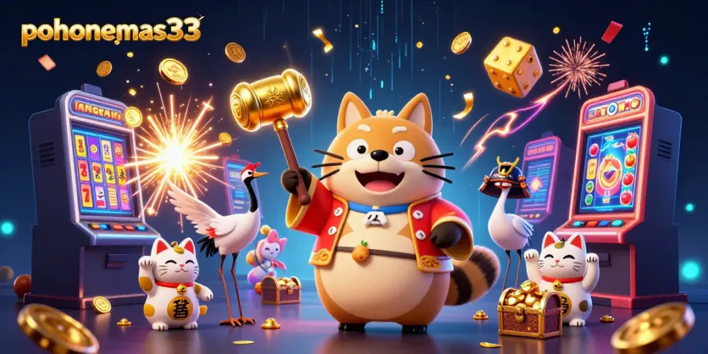 Permainan slot pachinko di pohonemas33 dengan simbol keberuntungan, seperti tanuki dan maneki-neko.