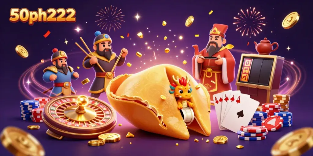 Engage in the vibrant world of 50ph222 with a golden fortune cookie and a wise dragon amidst casino excitement.