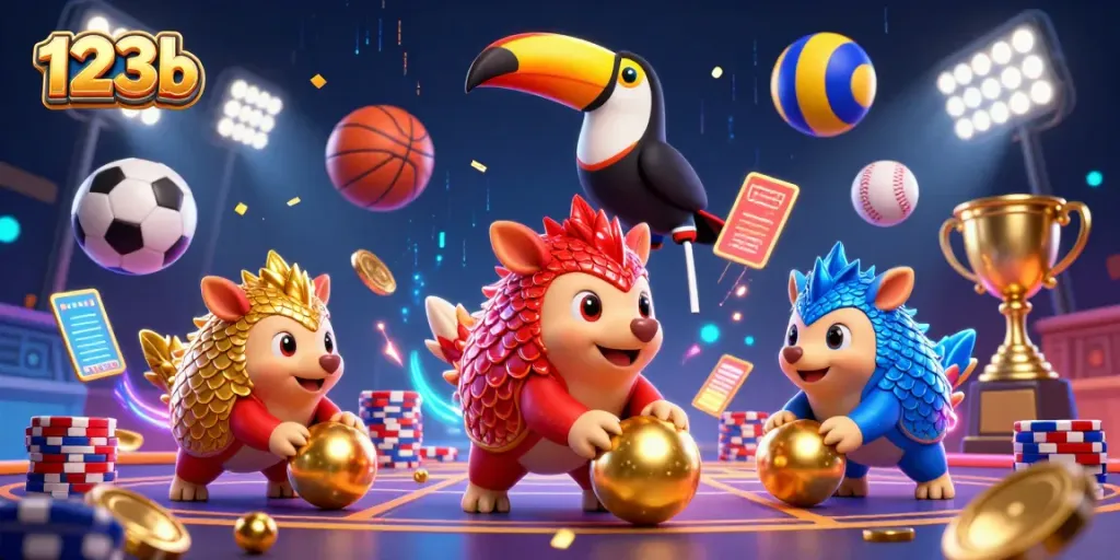 Engage in vibrant gaming at 123b with excited pangolins as they roll through poker chips in a lively casino atmosphere.