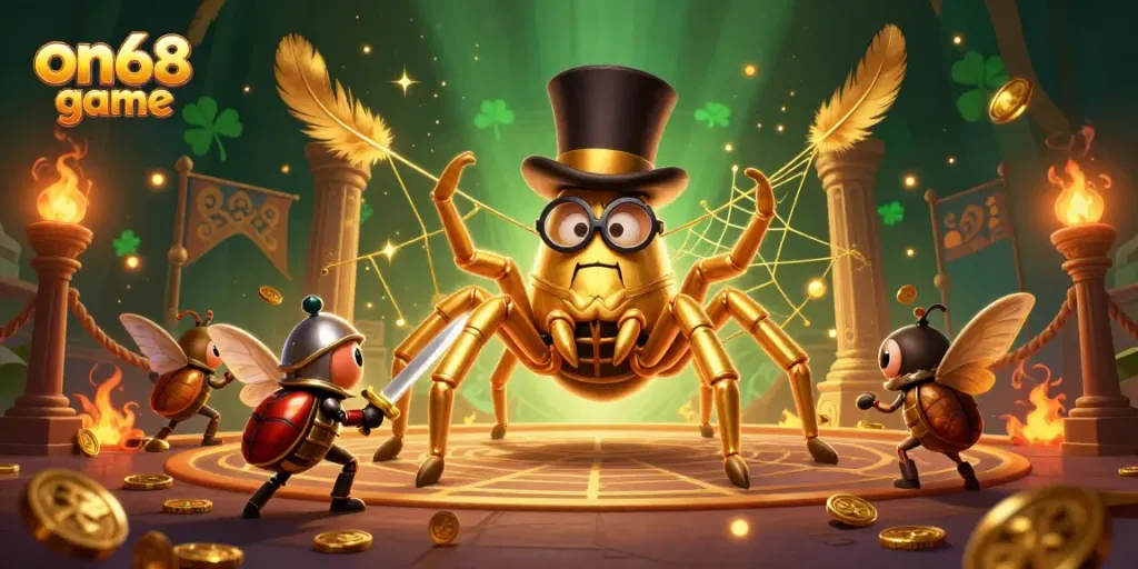 Engage in the vibrant world of on68 game featuring a golden tarantula, a beetle knight, and moth spectators in an energetic casino scene.