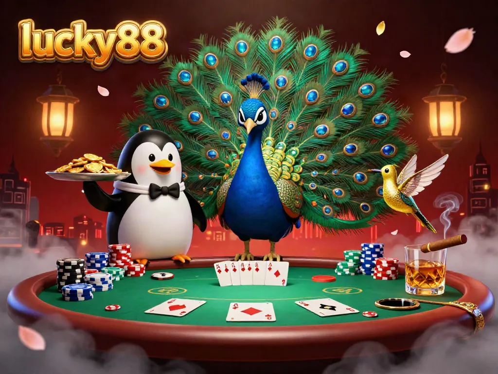 Engage with lucky88 action as peacock, penguin, and hummingbird create lively casino atmosphere.