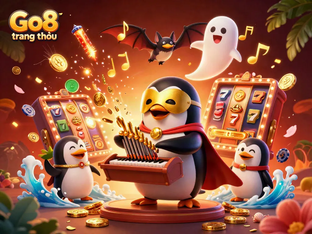 Experience the vibrant excitement of Go8 trang chủ with a dynamic 3D illustration of a charming penguin playing a magical pipe organ, shooting coins amidst colorful slot elements.
