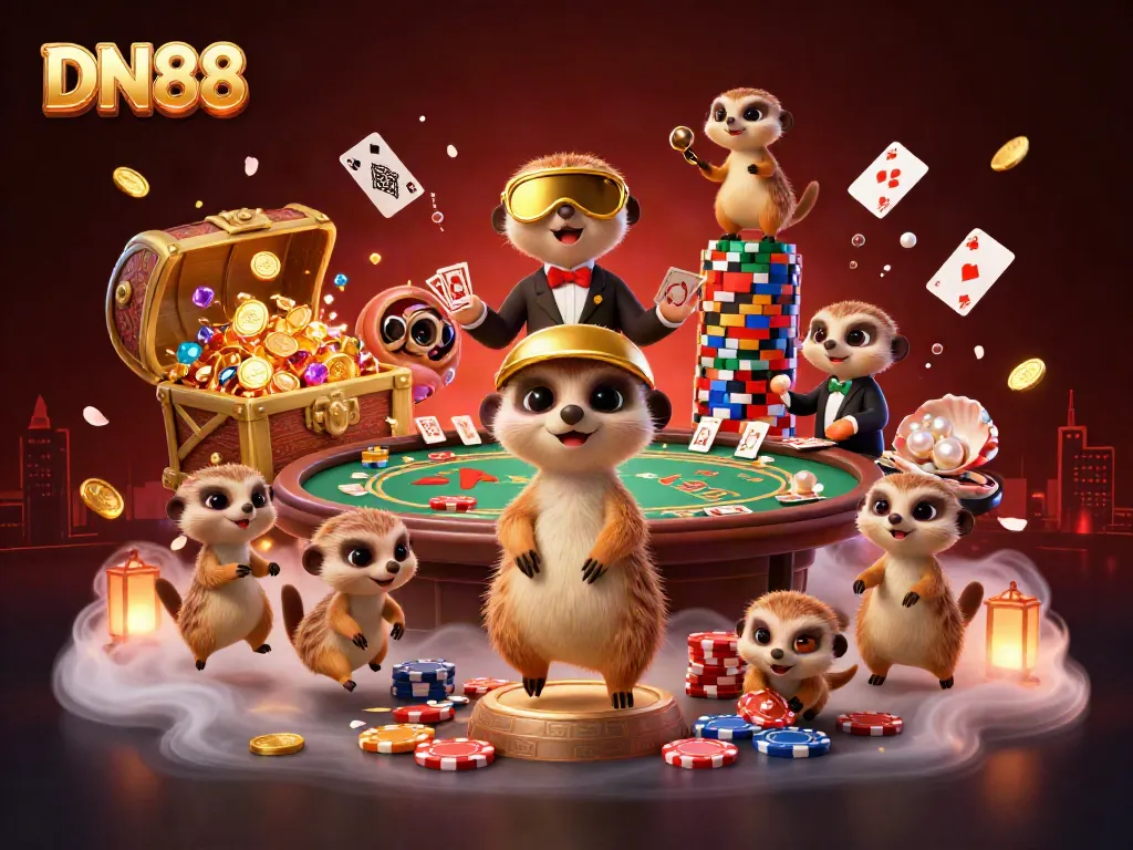 Experience the excitement of DN88 with playful meerkats running a vibrant casino atmosphere
