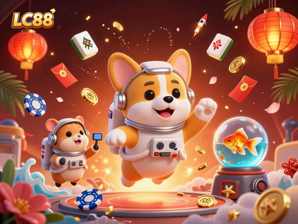 Engage with LC88 in a vibrant space station casino filled with flying poker chips and golden coins.