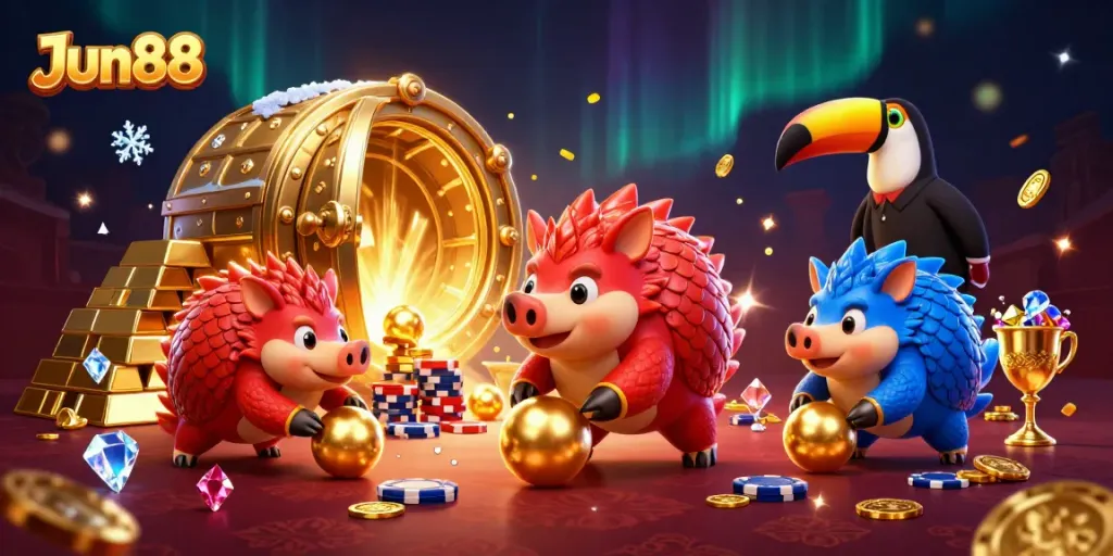 Engaging scene with Jun88's competing pangolins in armor rolling through poker chips in a vibrant casino