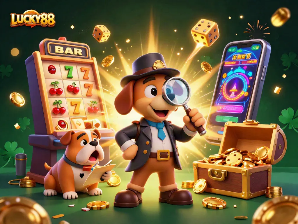 Play exciting casino games with LUCKY88 as detectives uncover hidden treasures in a vibrant 3D scene.