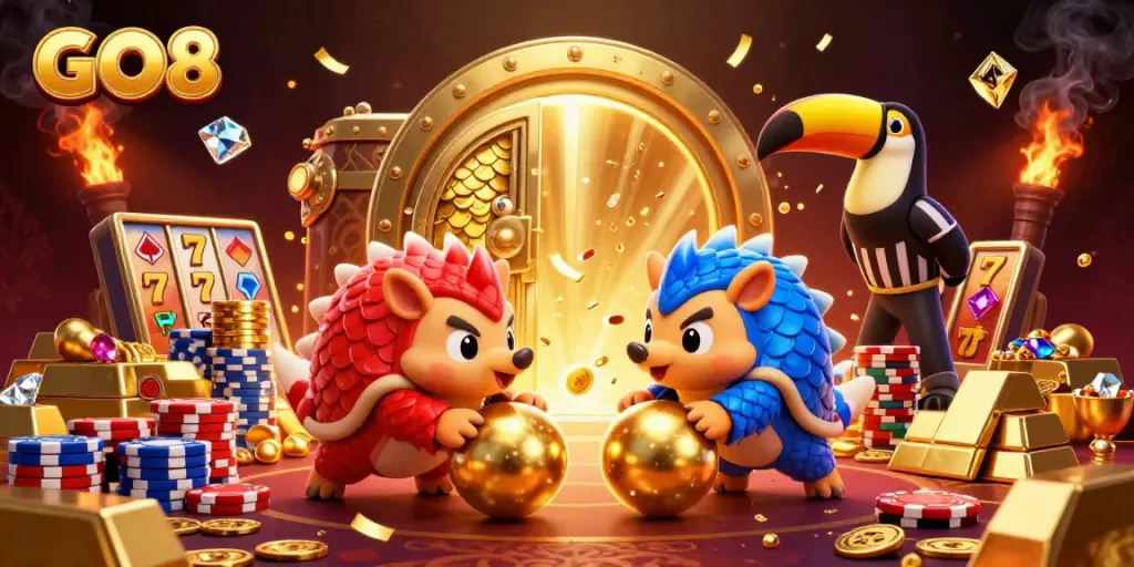 GO8 rivals compete in a dynamic casino scene with pangolins, poker chips, and golden treasures.
