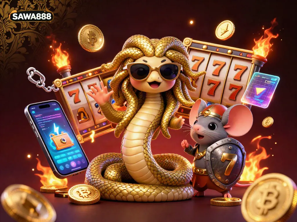 Spin with SAWA888 as Medusa and a warrior mouse celebrate casino jackpots amid Bitcoin and Ethereum coins.