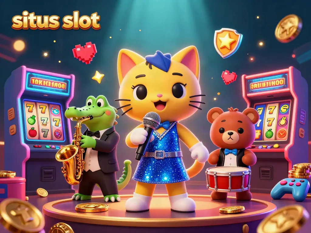Sparkling performance by a jazzy cat on stage at a situs slot gaming casino, surrounded by vibrant slot reels and colorful game elements.