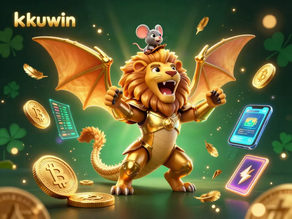Kuwin features a triumphant chimera creature celebrating with animated crypto symbols, enhancing your gaming excitement.
