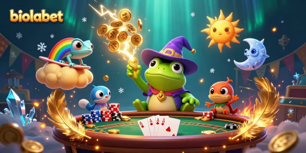 Experience biolabet's thrilling gaming scene featuring a frog, chameleon, and dynamic poker action.