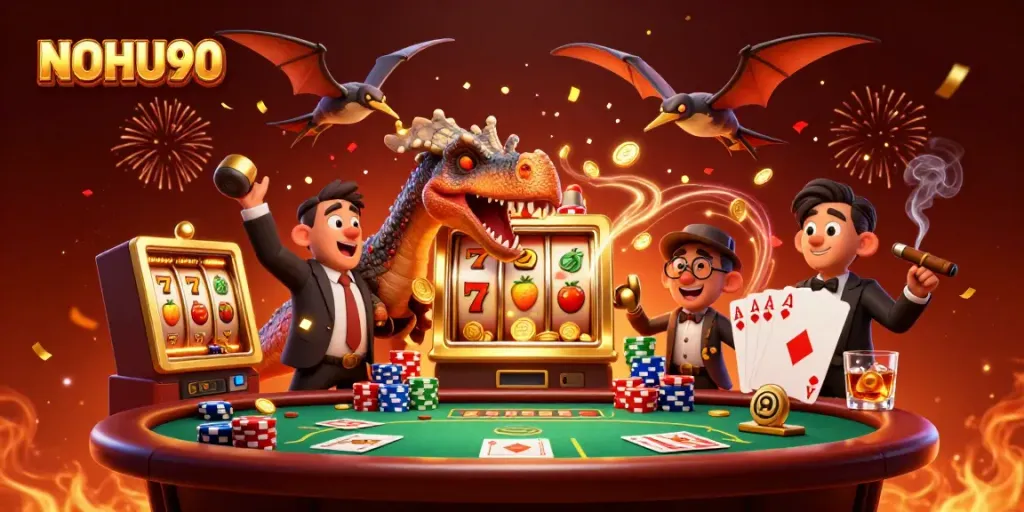 NOHU90 engages casino fun as a pachycephalosaurus wins jackpot coins from a golden slot machine.