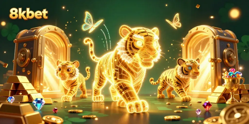 Play and win at 8xbet in a vibrant casino scene with golden treasures and dynamic elements.