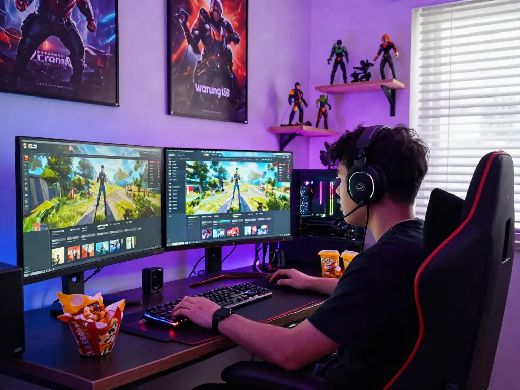 Dynamic gaming scene featuring a gamer exploring warung168 digital store on multiple screens in a vibrant atmosphere.