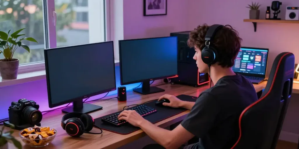 Gamer enjoying slot88 on a large screen with engaging LED lights.