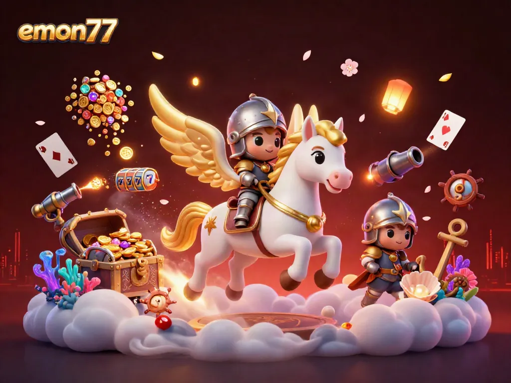 Experience the excitement of emon77 with a dynamic gaming scene featuring vibrant slot elements and a heroic knight.