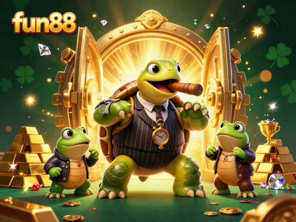 Experience the excitement at fun88 with a vibrant illustration of a casino scene featuring unique characters and treasure.