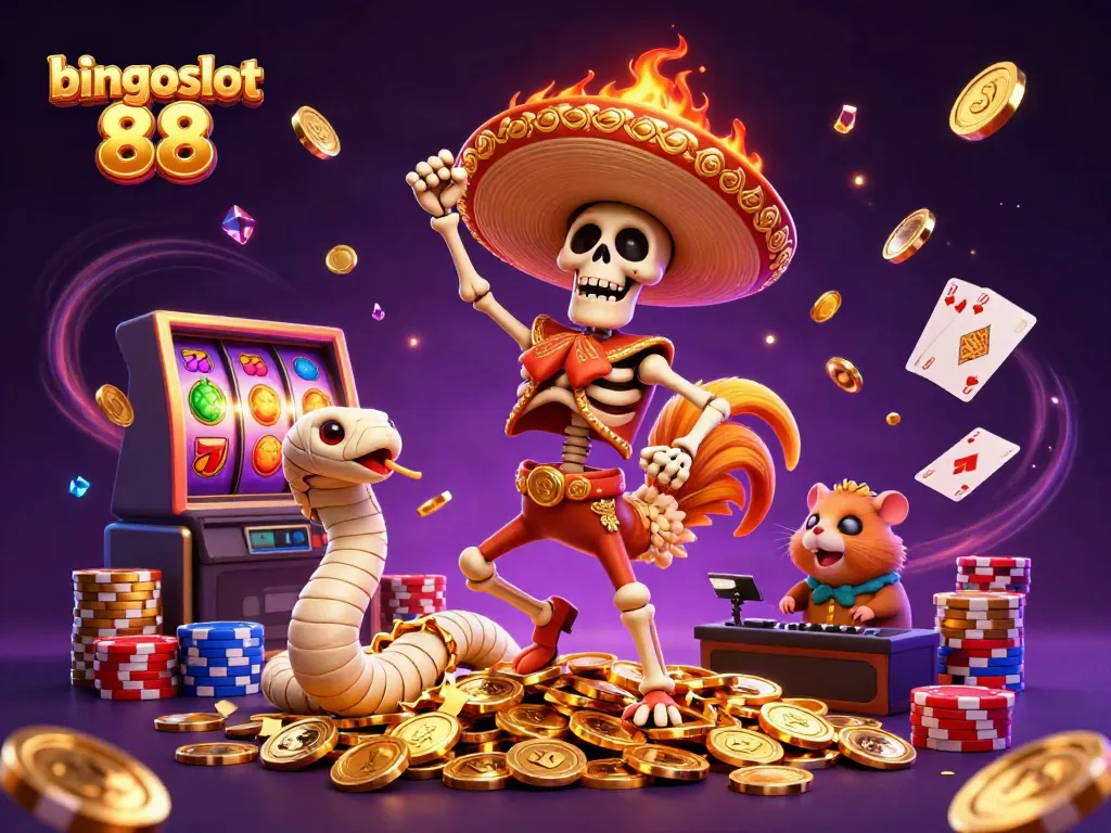 Bingoslot 88, ilustrasi kartun 3D meriah dengan karakter kasual dan elemen mesin slot yang menarik.