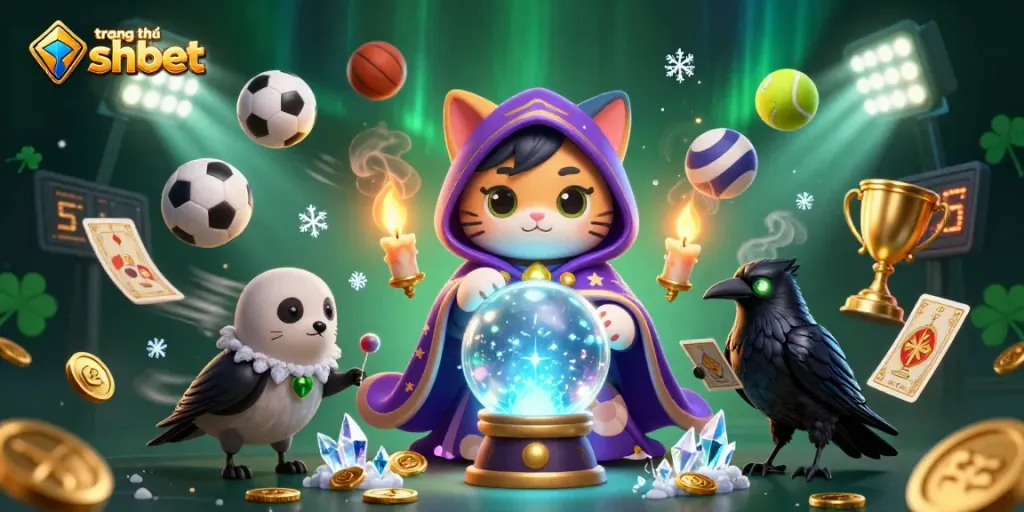 Engage with the excitement at trang chủ shbet with a captivating scene of a mystical cat and raven among sports elements.