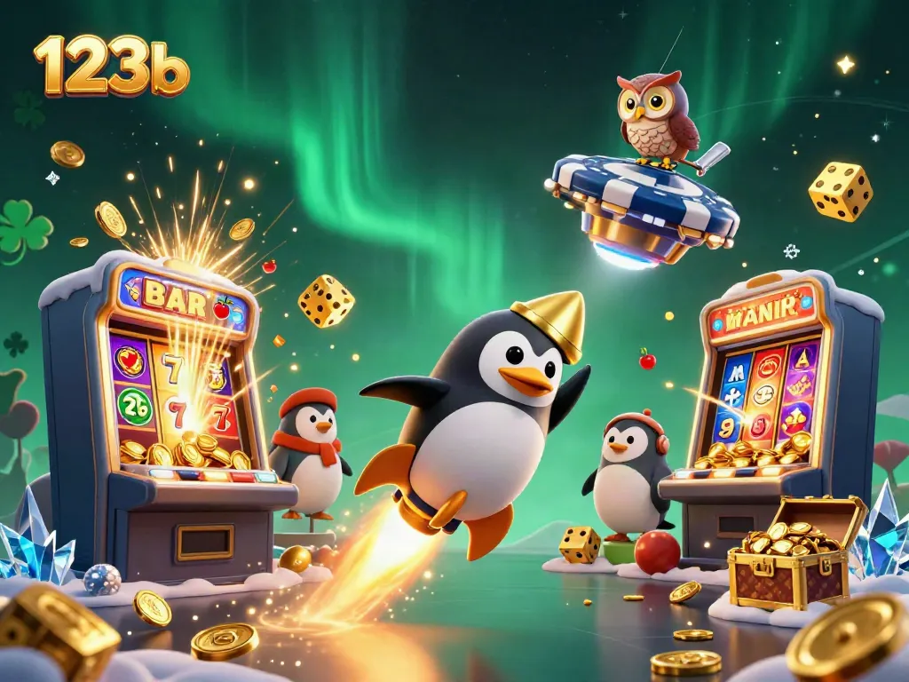 Win big with 123b at the jackpot slot machine surrounded by a 3D golden penguin and casino space station.