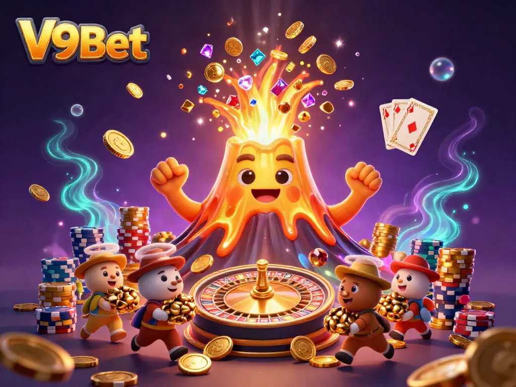 Experience the thrill of V9Bet with this exciting 3D depiction of a golden volcano erupting with treasures.