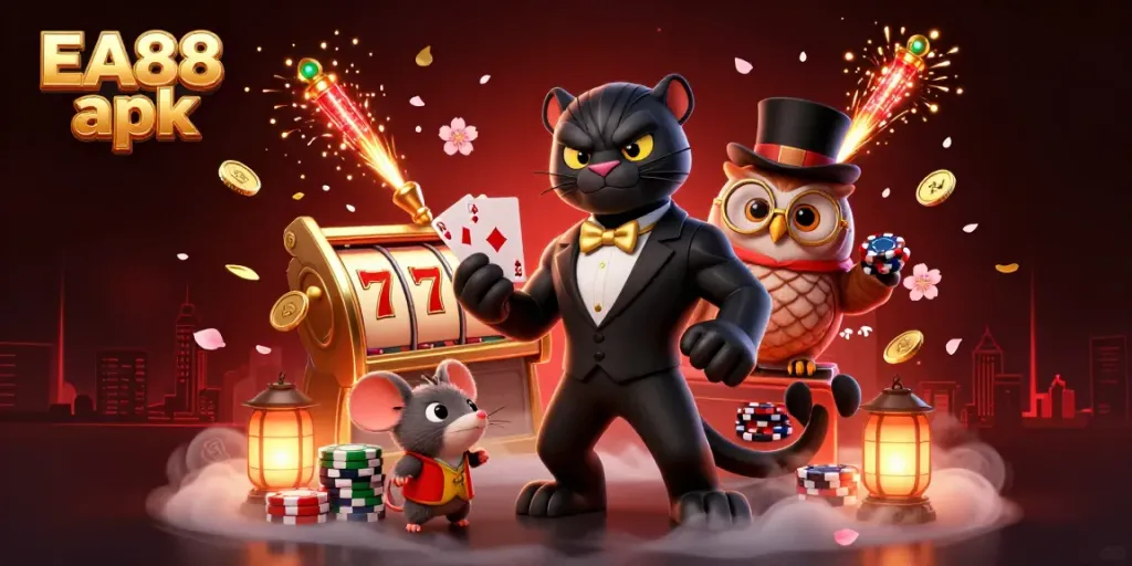 Play cards with EA88 apk featuring a stylish black panther, a wise owl, and a lucky mouse amid vibrant casino elements.