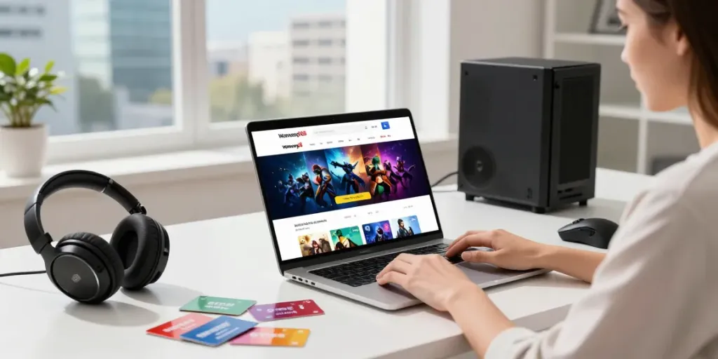 Engaging user experience with warung168 website on laptop showcasing digital game options and vouchers.