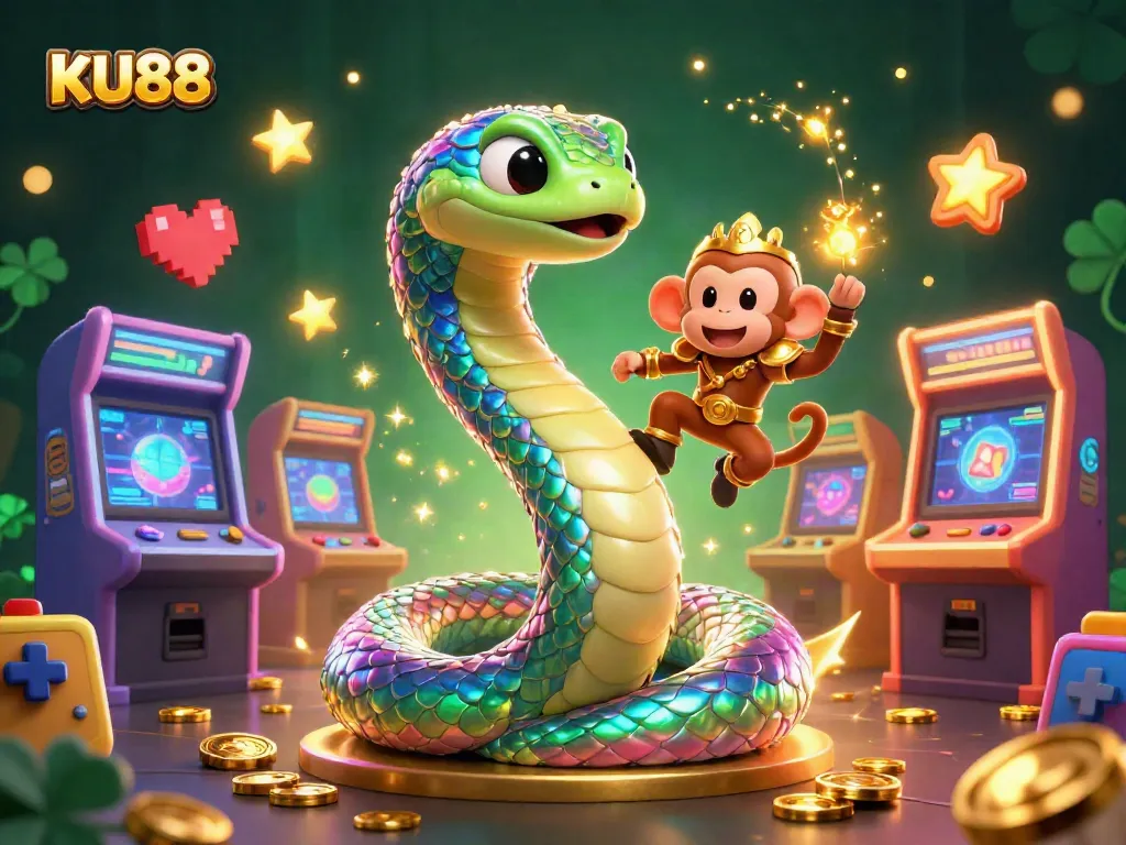 KU88 offers an enchanting gaming experience featured in a vibrant, colorful casino scene.