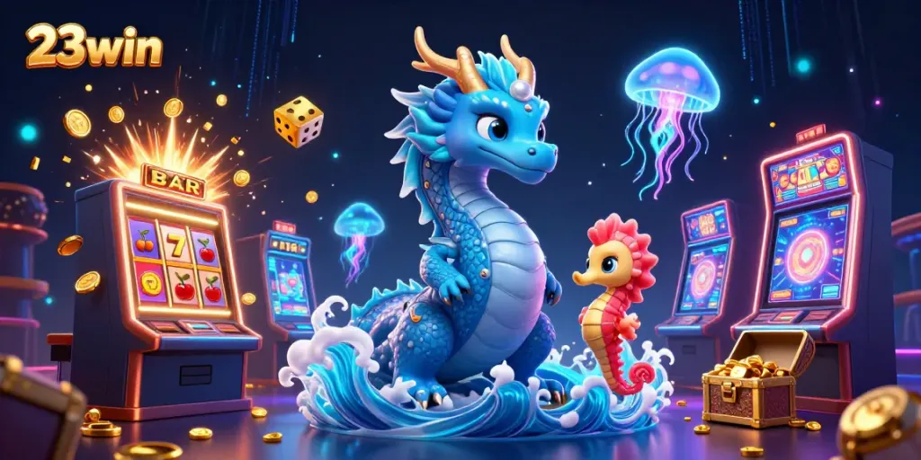 Experience thrilling slots and chase jackpots with 23win featuring an azure dragon and playful seahorse knight.