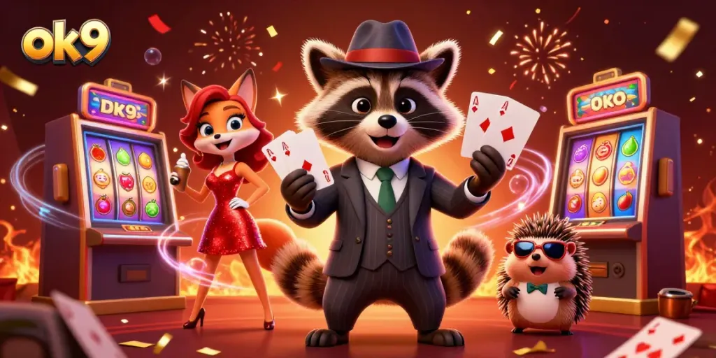 Experience the thrill of gaming at ok9 with a suave raccoon and charming fox celebrating a royal flush