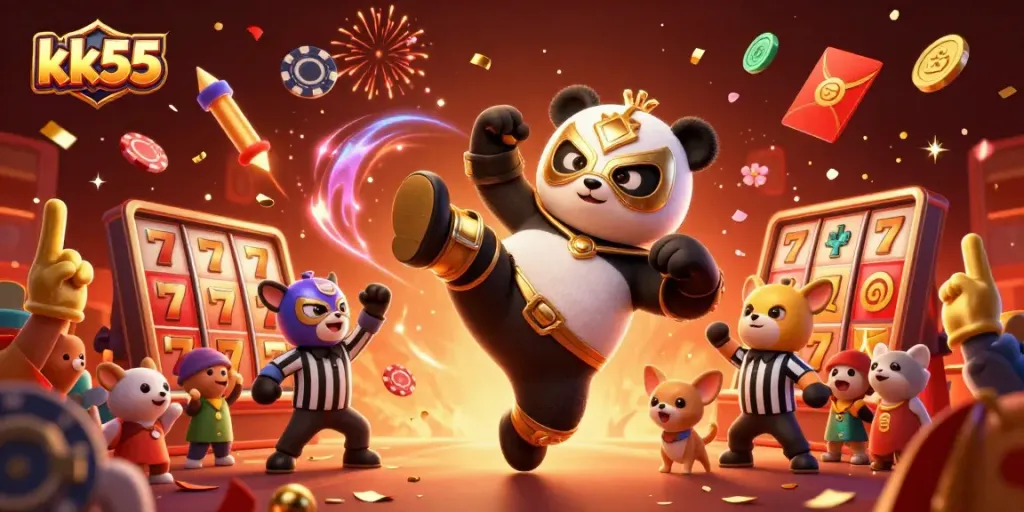 Experience exciting gameplay with kk55 as a panda wrestler kicks into a thrilling online casino scene.