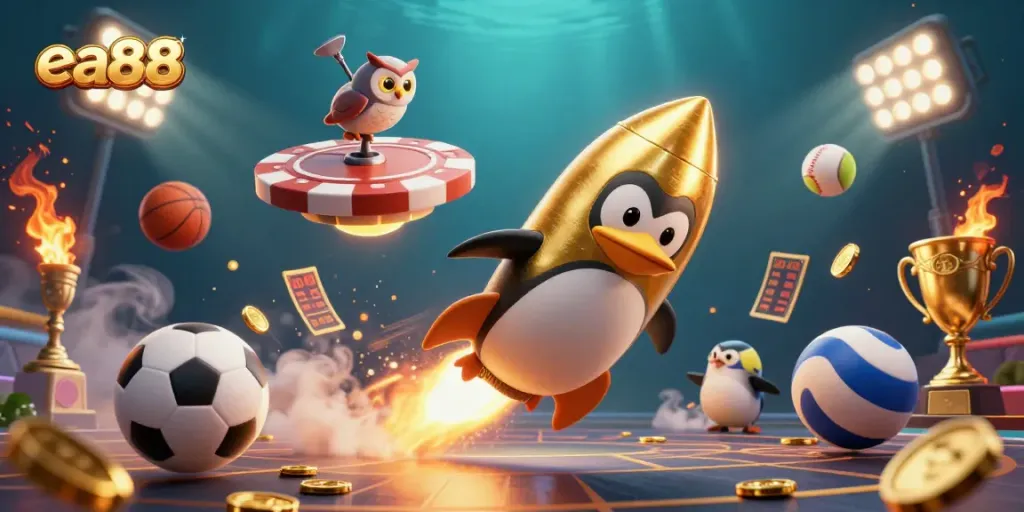 ea88 rocket-powered penguin zooms toward casino space station among sports elements and golden coins.