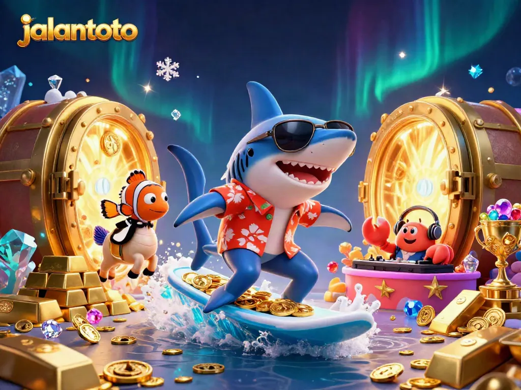 Engage in thrilling slot experiences with jalantoto's vibrant casino illustration, showcasing colorful characters and treasures.