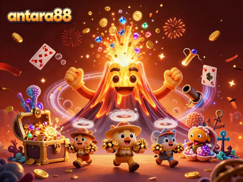 Experience excitement at antara88 with a 3D illustration of a golden volcano erupting treasure, capturing thrill in gambling.