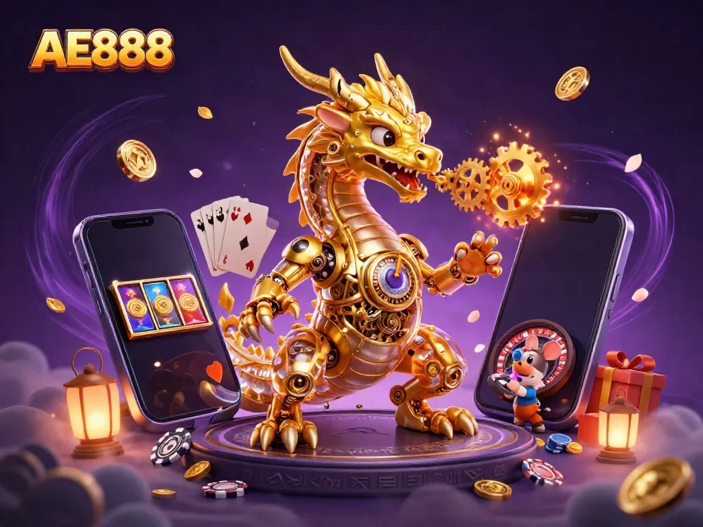 Experience the thrilling AE888 casino universe with vibrant gaming elements and a captivating dragon!