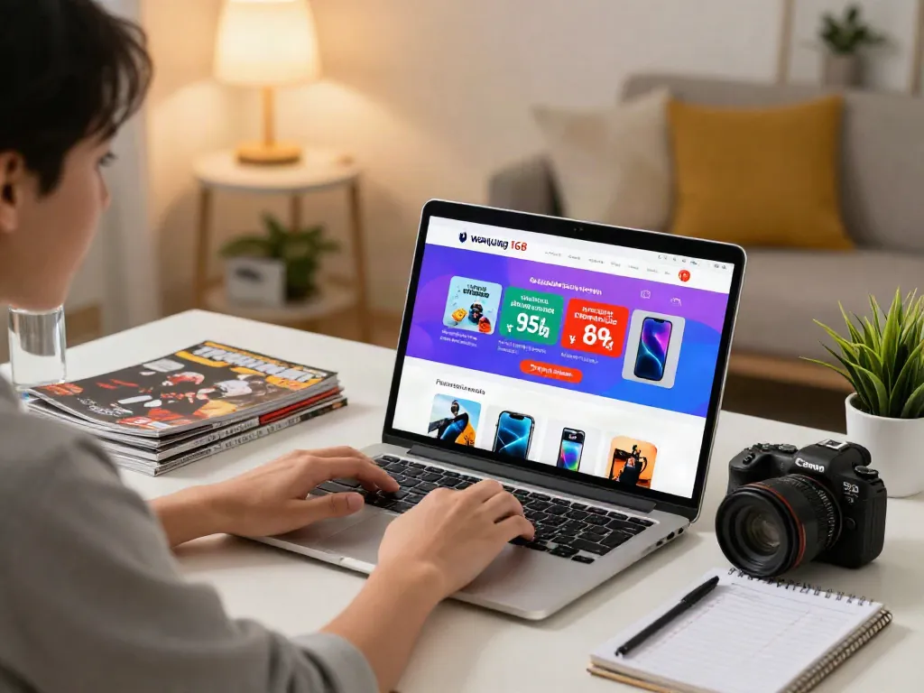 Engaging online shopping experience on warung168 with colorful game vouchers displayed on laptop