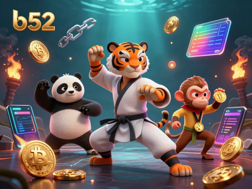 Engage with the b52 world of online casinos through a vibrant scene featuring a kung fu tiger, panda, and monkey with golden elements.