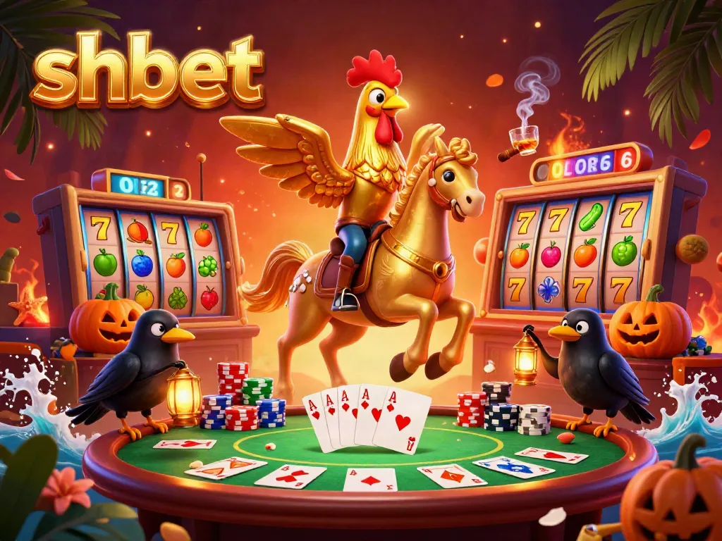 Experience shbet's vibrant casino energy with a golden rooster and a spectral horse, surrounded by slot machines and poker elements.