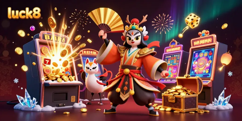 Experience the luck8 excitement with a vibrant 3D casino scene featuring colorful games, dynamic characters, and festival spirits.