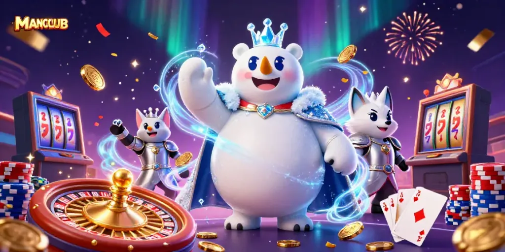 Win big with MANCLUB as the ice king polar bear and snow fox celebrate casino triumphs together.