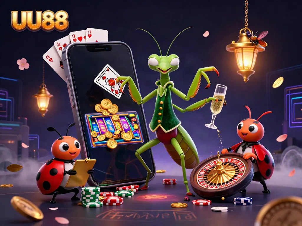 Experience UU88's vibrant casino with a 3D mantis card sharp, ladybug pit boss, and dynamic game elements.